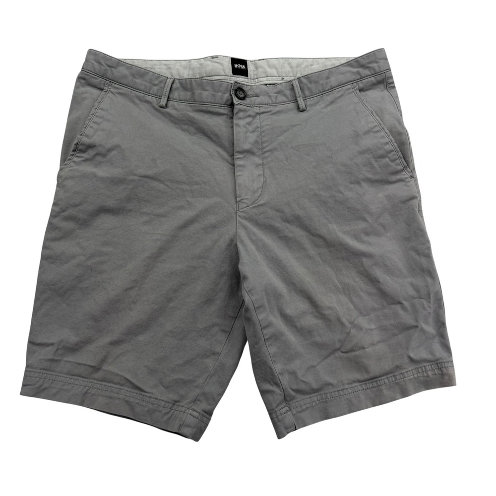 HUGO BOSS Shorts Mens 34 Gray Chino Cotton Stretch Pockets 10" Inseam STAIN